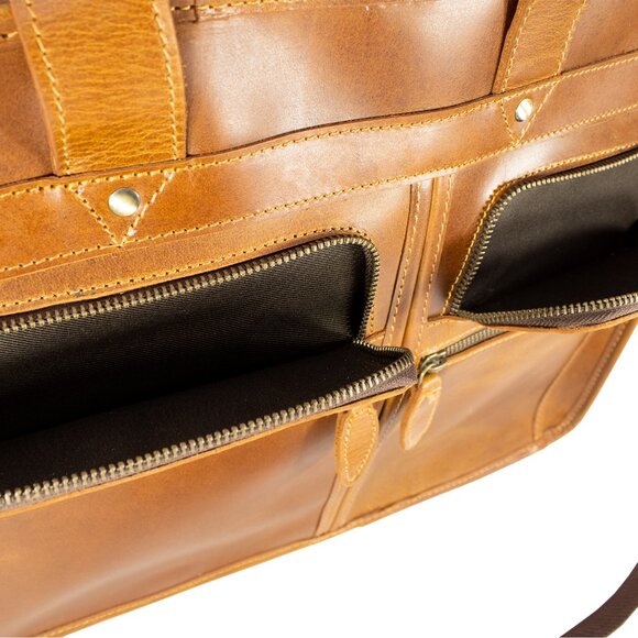 Men's Genuine Leather Vintage Weekender Bag, Briefcase Bag Satchel, Tan - Picture 11 of 15